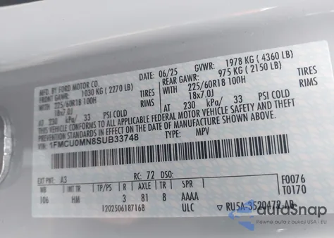 2025 Ford Escape St-Line z USA, uszkodzony, nr VIN 1FMCU0MN8SUB33748